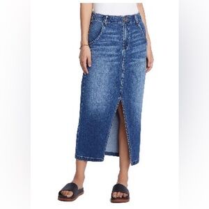 Wash Lab Denim Blue Denim Midi Skirt with Front Slit - size 27